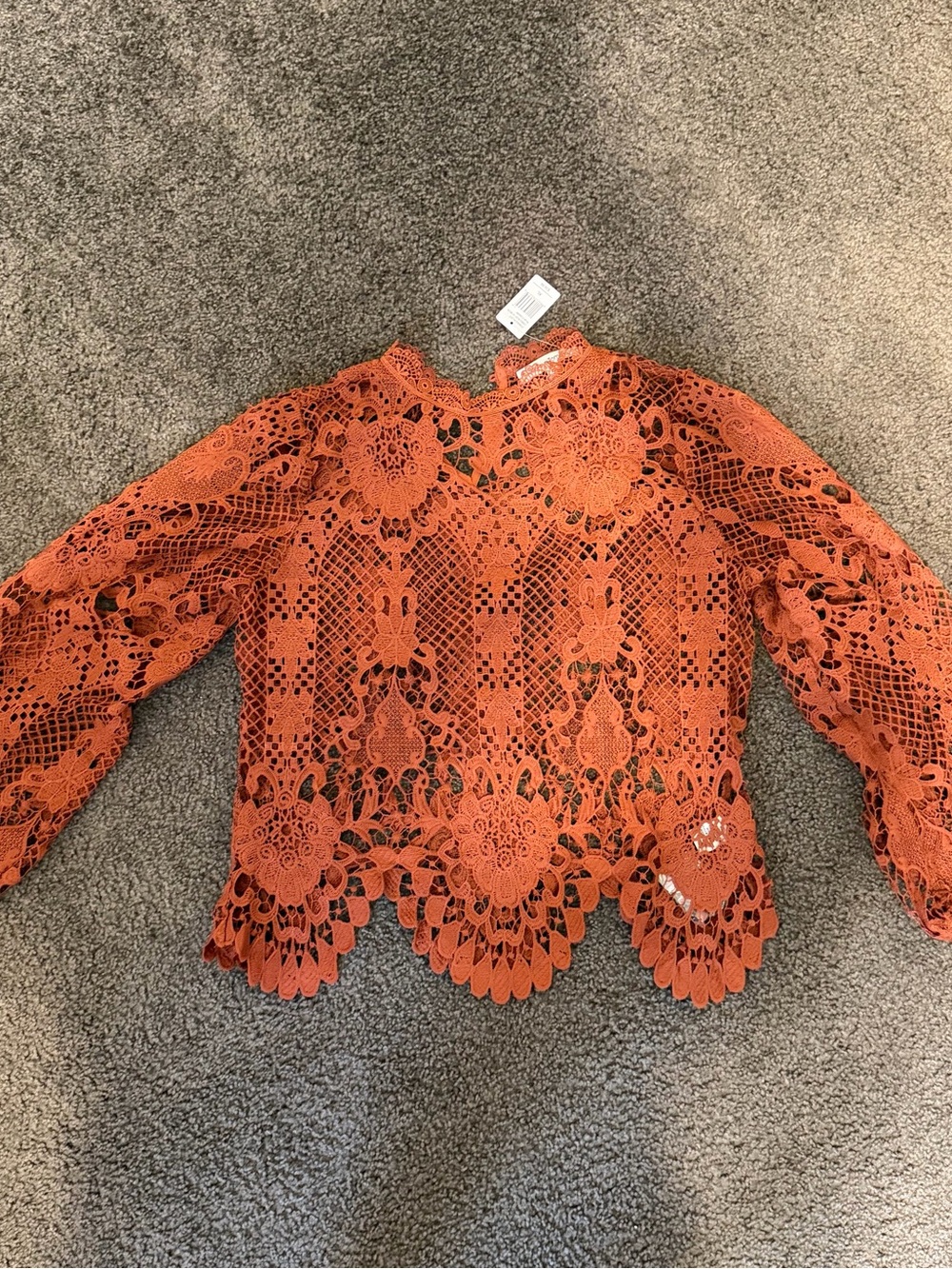 Jealous Tomato Orange Crochet Lace Blouse with Scalloped Hem